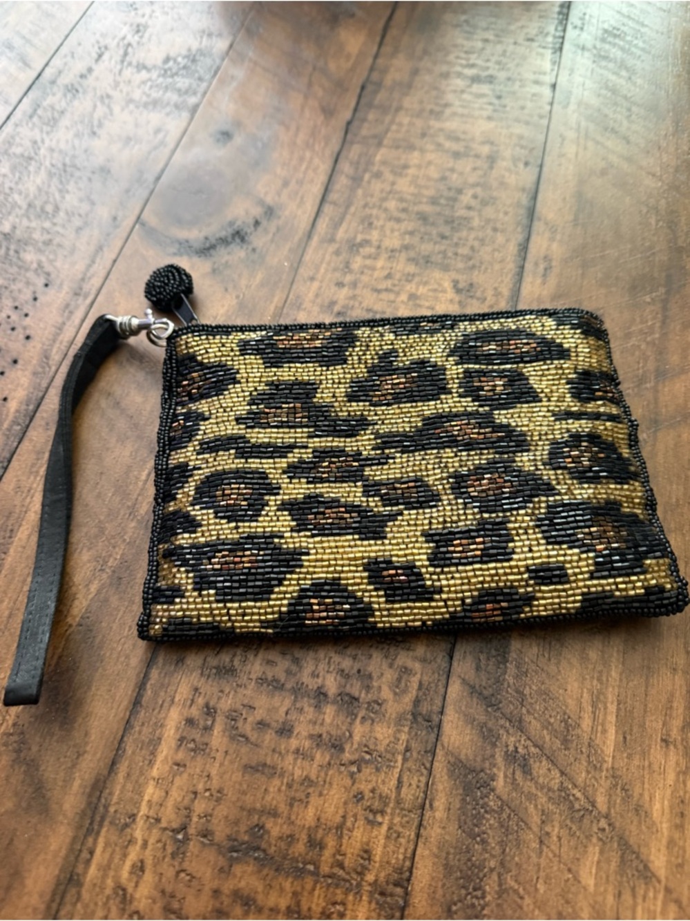 Indeed Leopard Print Beaded Wristlet Pouch - Gold and Black